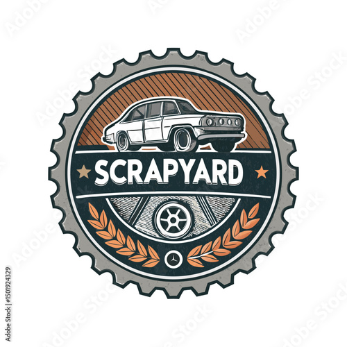 Design a scrapyard badge featuring a stylized silhouette of a junked car and the word "bro" in a vintage, distressed font.  Include rusty metal textures.