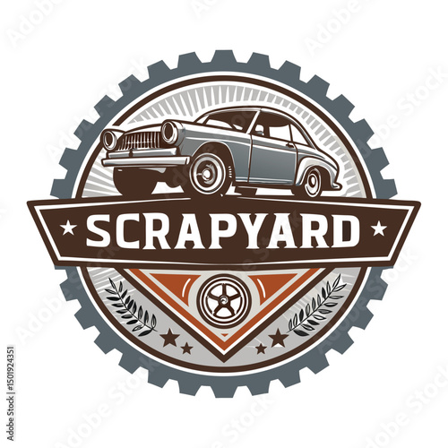 Design a scrapyard badge featuring a junked car silhouette and the word "bro" incorporated stylishly.  Aim for a vintage, gritty aesthetic.