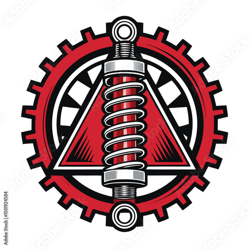 Design a logo featuring a shock coil spring inside a triangular gear frame, emphasizing industrial strength and reliability.  Include a single, prominent number '1'.