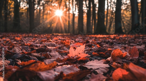 Warm Autumn Sunlight Filtering Through Trees in a Leafy Forest
