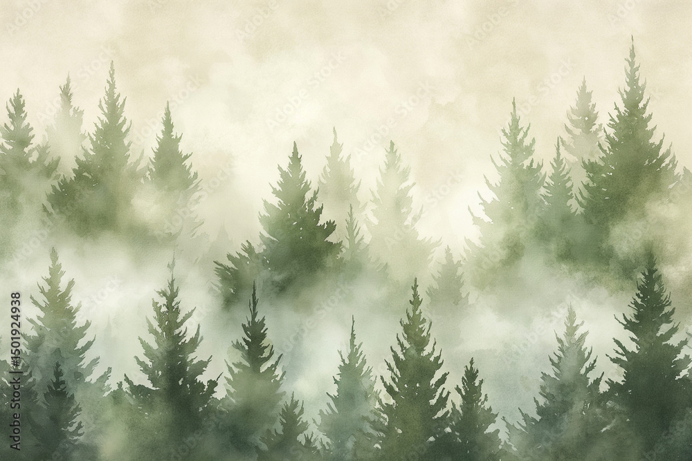 Fototapeta premium beautifully crafted watercolor painting of a foggy forest landscape. It captures a serene and ethereal atmosphere, emphasizing the interplay between nature and mist.