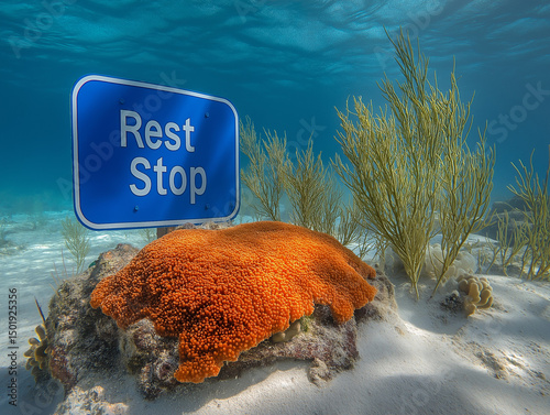 creative and whimsical underwater scene that combines natural marine elements with an unexpected human-made object—a 