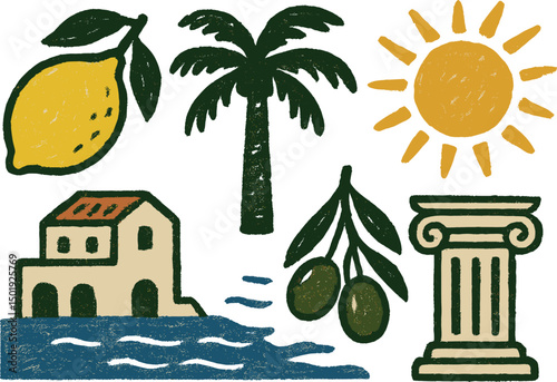 Vector illustrations of Italian or Greek vacations are depicted in a hand-drawn, grunge-inspired scribble and rough doodle style, complete with elements like lemons and palm trees