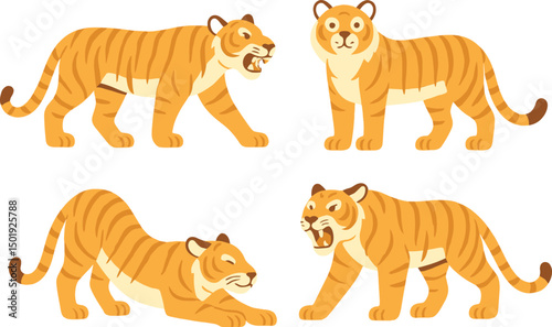 A set of golden tabby tigers is depicted, showcasing wild big cats with orange stripes in various poses, including Bengal and Amur tigers that appear angry, roaring, and stretching