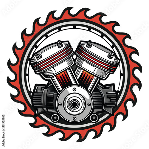 Design a detailed badge featuring a dual-cylinder engine block with a prominent fire ring, emphasizing mechanical detail and a vintage aesthetic.  Include number '1'.