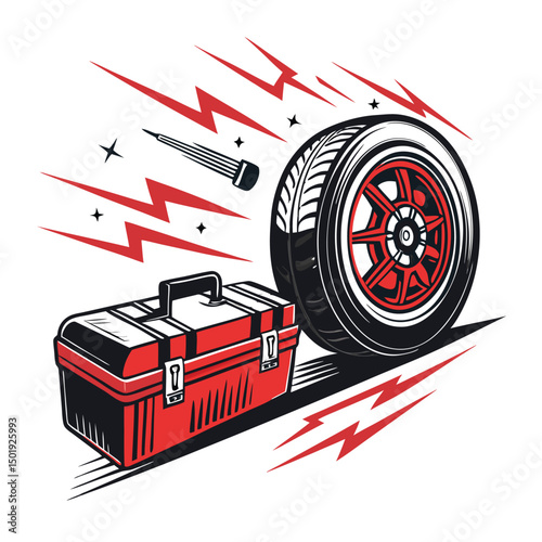 A vibrant illustration of a toolbox and tire badge amidst a flurry of flying bolts, conveying speed and automotive repair.