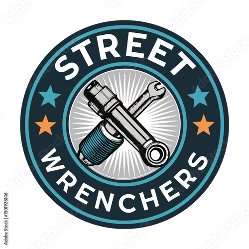 Detailed close-up of a tuning tools badge featuring a stylized air intake and socket wrench.  High-resolution, professional photography.