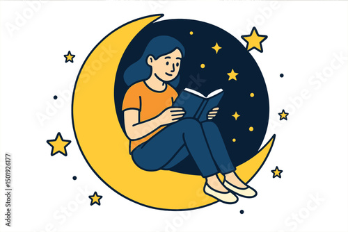 Vector cartoon illustration depicting a woman reading a book while seated on a crescent moon under a star-filled sky