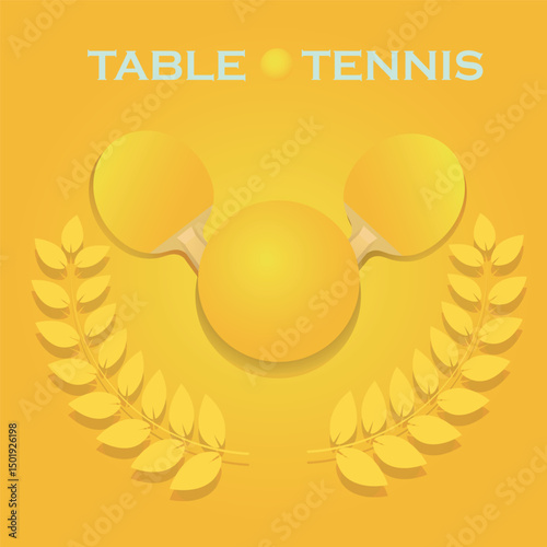 Table tennis, poster tournament of champions, rackets, ball, laurel wreath. Pong pong competition banner, small tennis