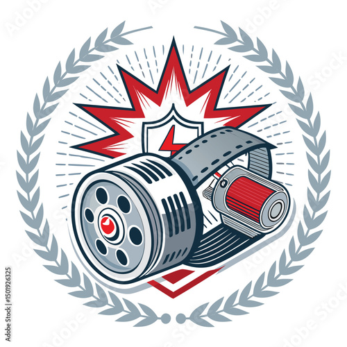 Create a striking emblem depicting a broken serpentine belt tensioner alongside a flashing warning light, symbolizing automotive failure.