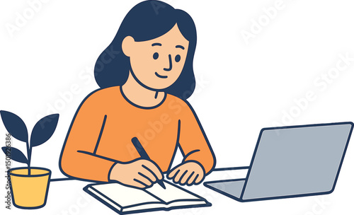 Vector cartoon illustration depicting a woman at work, writing at her desk