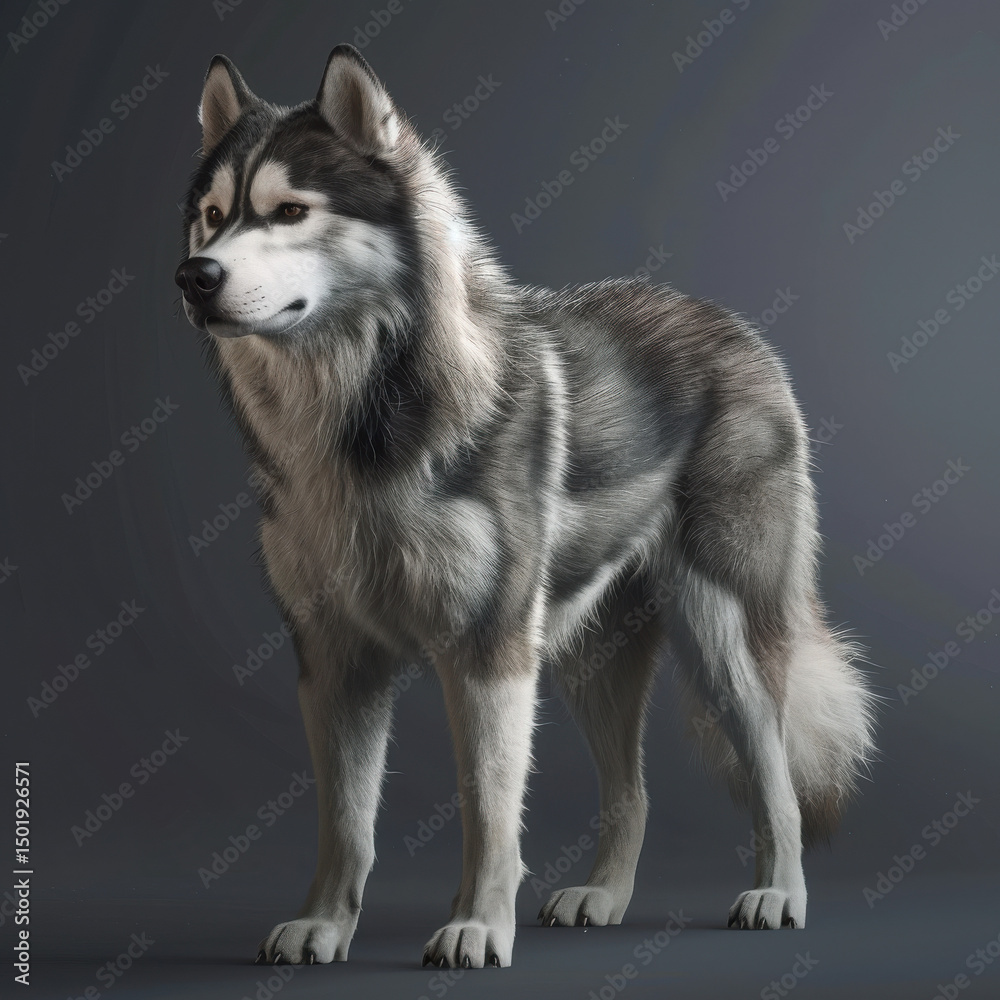 Obraz premium Photorealistic full-body image of an Alaskan Malamute dog, showcasing its thick fur, strong build, and attentive expression...