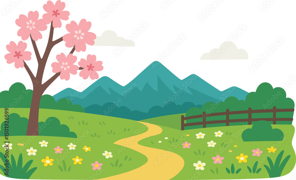 Obraz premium A natural landscape featuring mountains and hills, a meadow filled with blooming flowers, and a park enclosed by a fence, all set amidst a vector wild scenery