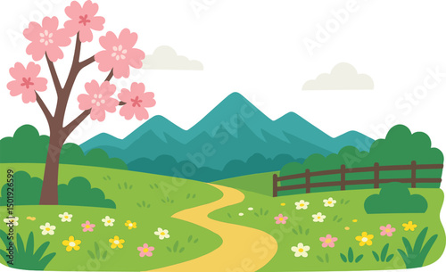 A natural landscape featuring mountains and hills, a meadow filled with blooming flowers, and a park enclosed by a fence, all set amidst a vector wild scenery