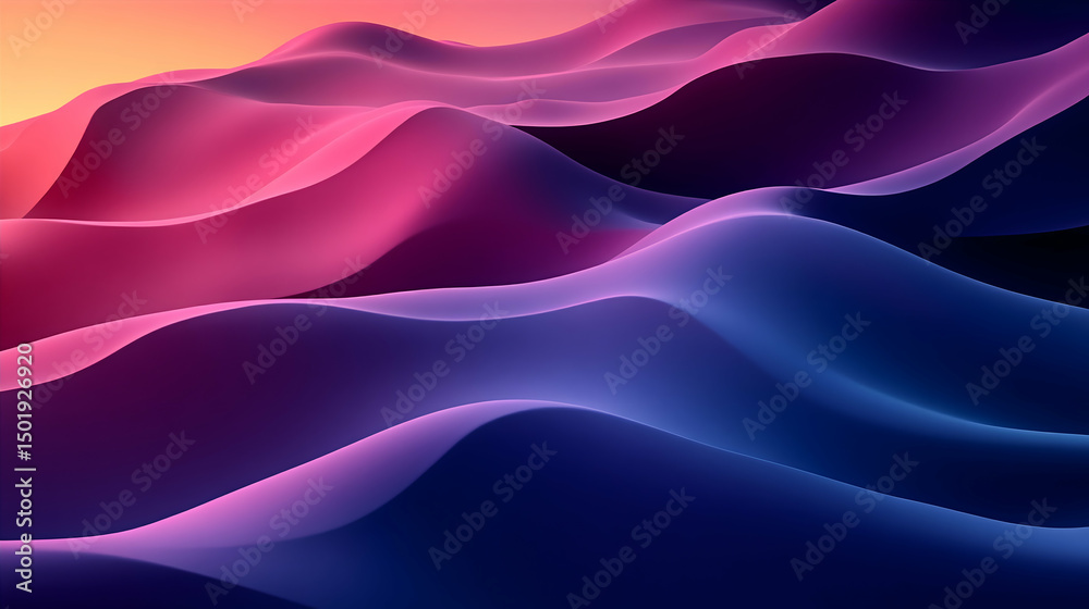 Fototapeta premium Abstract landscape of undulating, colorful hills. A digital rendering of smooth, flowing, layered hills in vibrant hues of pink, purple, and blue. Soft, glowing light bathes the scene