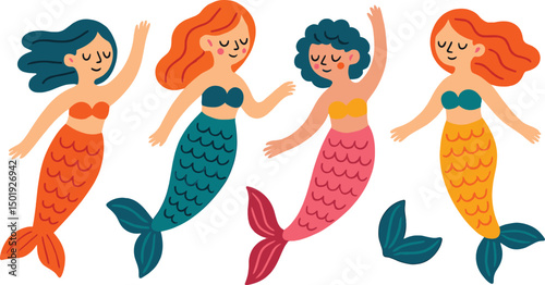 This set features cute and colorful mermaids, along with beautiful abstract underwater characters, including fairy marine creatures adorned with fish scales and tails, all presented in a hand-drawn