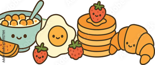 Adorable animated morning meal items, including classic breakfast fare and baked goods, are depicted in a colorful illustration featuring an assortment of fruits, cereal with milk, fried egg