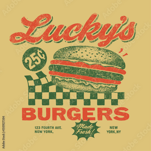 Burgers vector graphics. vintage retro fashion burgers. tropical  summer food print design. new york state food. womens girls graphics. trendy burger t-shirt print design