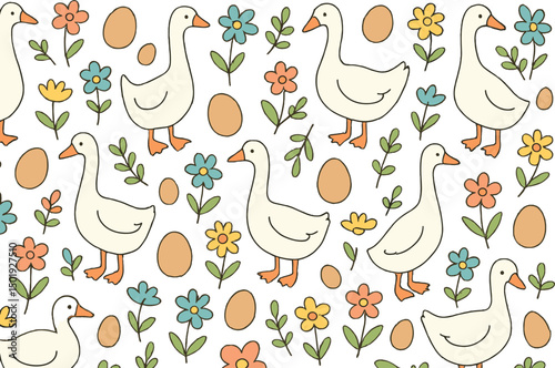 This design features a seamless vector pattern that includes a white goose, flowers, and an egg, all hand-drawn in a cute style suitable for Easter
