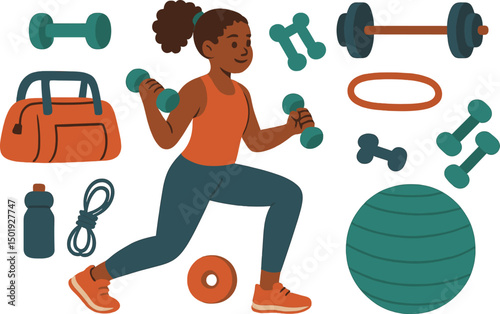 Vector flat cartoon illustration of sport accessories with african american women, girl in sportswear training, fitness equipment, dumbbells for active lifestyle