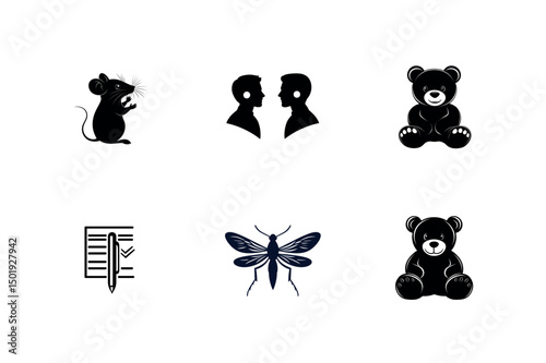 Six black dog silhouettes pomeranian and spitz breeds