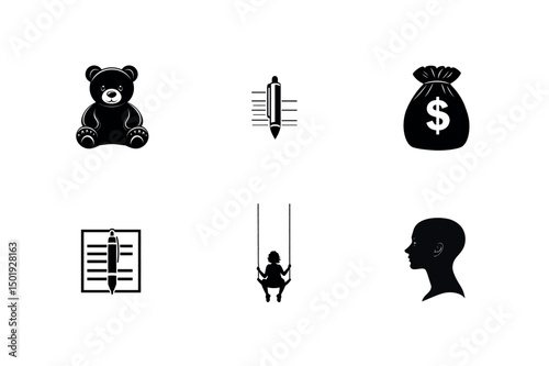 Six dog silhouettes various breeds black and white