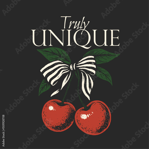 Cherries with red ribbon bow, food fashion slogan print, fashion graphic prints for cherries fruit. cherry cool slogan print for tee. funny cute t-shirt pattern.