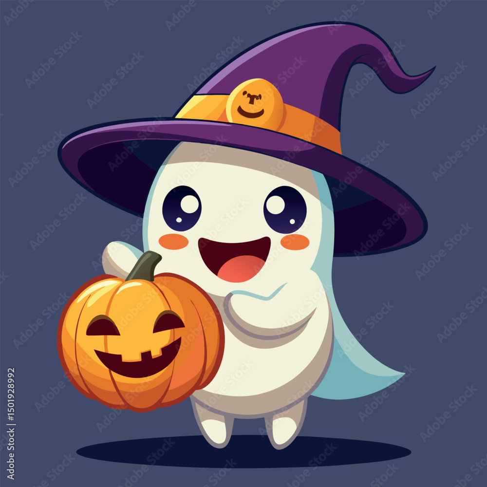 Cute Ghost Character Holding Pumpkin Wearing Witch Hat Halloween Illustration Halloween Spirit Cartoon Cute Ghost Character Holding Pumpkin Wearing Witch Hat Halloween Illustration Halloween Spirit Cartoon