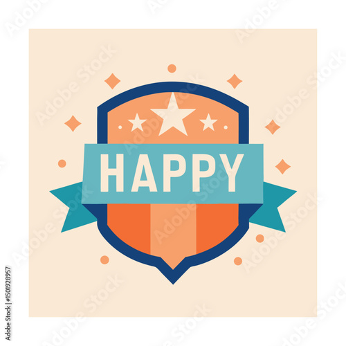 Colorful happy badge illustration featuring stars and ribbon design for celebration