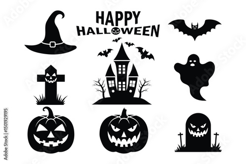 Set of halloween silhouettes black icons and character