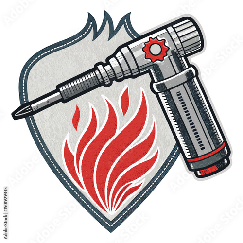 Design a vector patch depicting a vintage welding torch with fiery sparks, juxtaposed against a backdrop of aged steel.  Emphasize texture and detail.