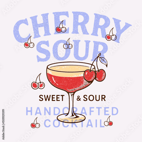 Cherry Cocktail T shirt Design. Negroni cocktail Vintage vector with ice and slice of orange for cocktail bar or Cherry drink summer party.