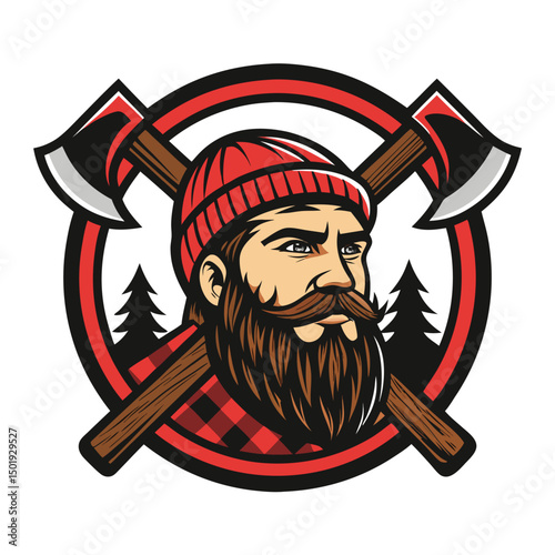 A close-up portrait of a rugged, bearded lumberjack's face, framed by a circular emblem depicting crossed axes.  The image should evoke strength and a rustic aesthetic.