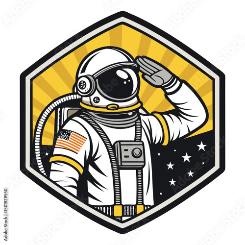 Create a groovy 1970s style vector emblem featuring an astronaut saluting, incorporating retro color palettes and bold lines.