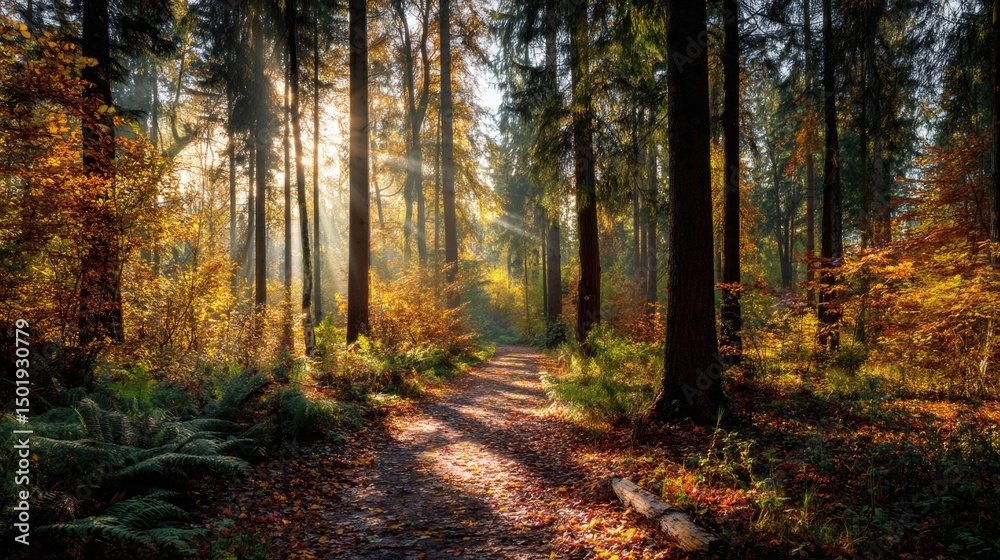 Fototapeta premium Tranquil autumn forest path with sunlight streaming through trees
