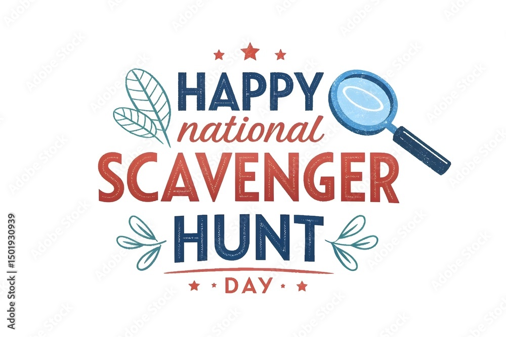 Happy National Scavenger Hunt Day Card with Magnifying Glass Happy National Scavenger Hunt Day Card with Magnifying Glass