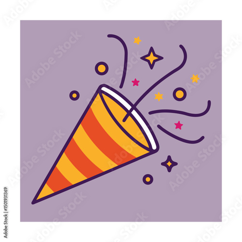 Festive party popper illustration with confetti and stars celebrating occasions and celebrations