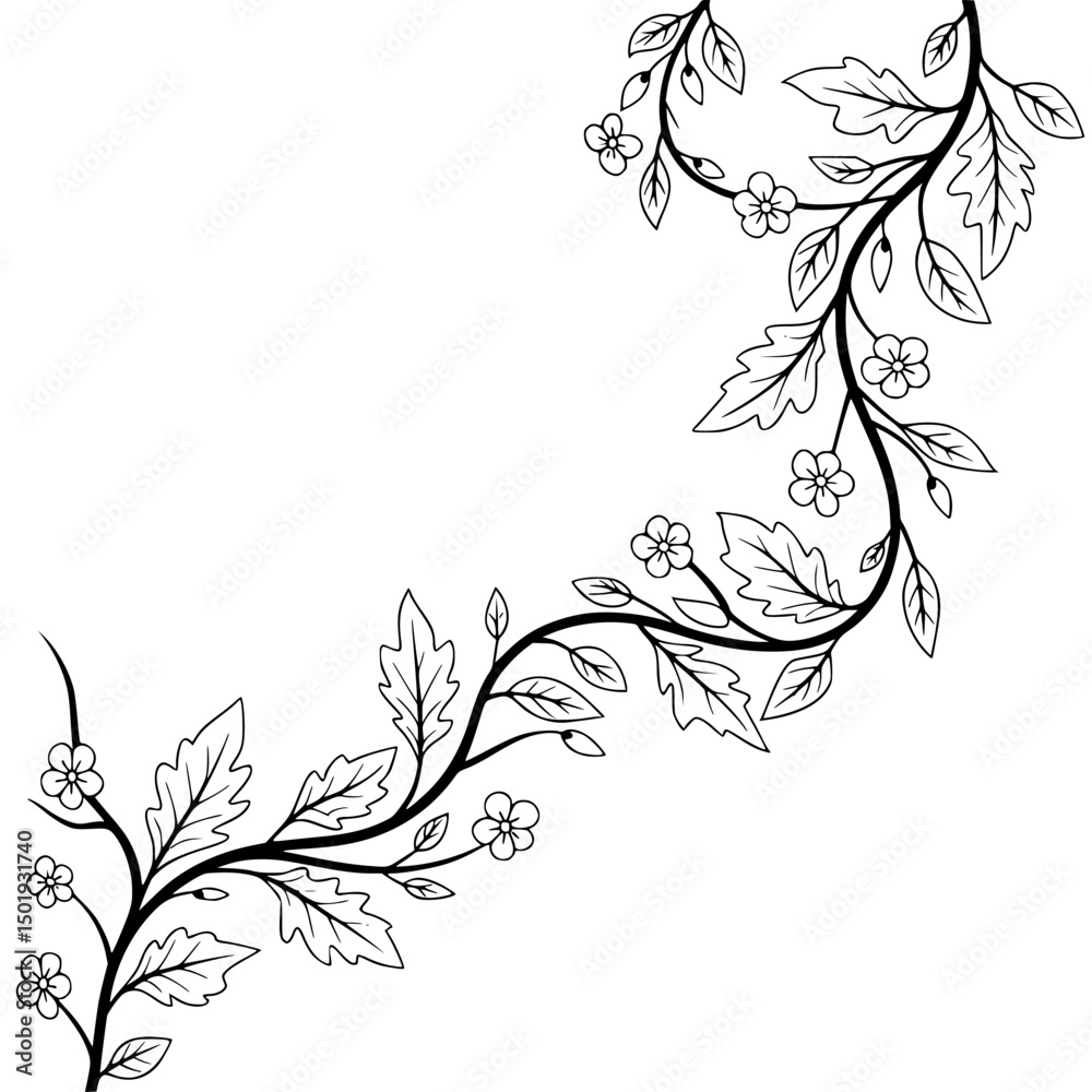 Obraz premium Elegant Floral Corner Border - Black Line Art on White