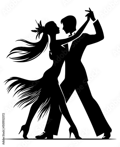 A black and white silhouette of a man and a woman dancing on a white isolated background. Vector graphics. EPS.