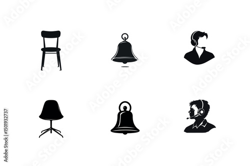 Simple black icons set chair bell customer support