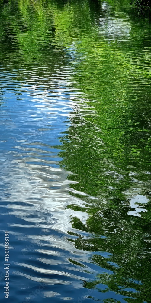 Fototapeta premium Water reflects green trees and blue sky in a natural setting