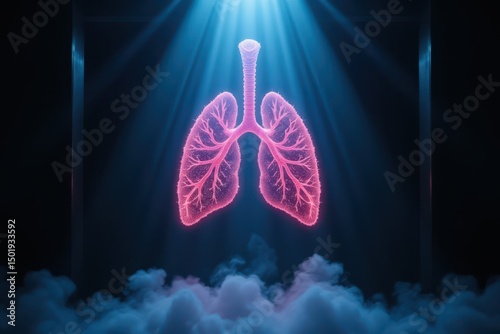 floating pair of lungs made of light and digital particles, showcased in a sterile dark room, spotlight above, soft mist at the base to add visual atmosphere.