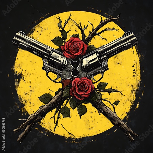 Two revolvers crossed with roses.