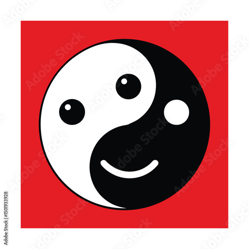 Smiling yin yang symbol with cute face on red background representing harmony and balance