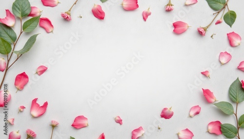 overhead watercolor composition of loosely placed petals, leaves, and twigs scattered across a textured light gray surface
