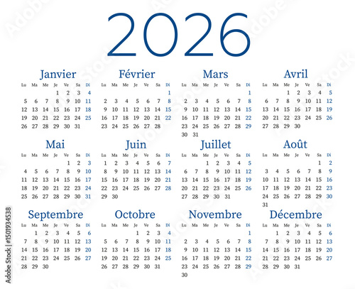 Calendar for 2026 in French. Week starts on Monday