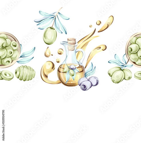 Vibrant watercolor illustration of olives and olive oil celebrating the essence of Italian cuisine frame, border, arrangement, seamless pattern