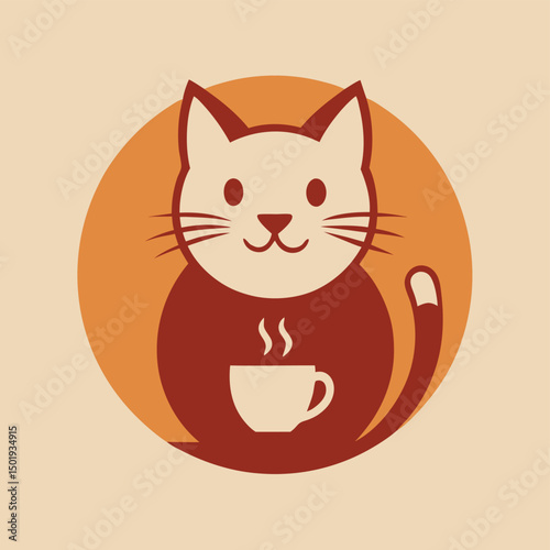 Charming vector illustration of a cat sitting beside a steaming cup with a circular outline featuring cozy cafe vibes