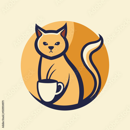 Charming vector illustration of a cat sitting beside a steaming cup with a circular outline featuring cozy cafe vibes