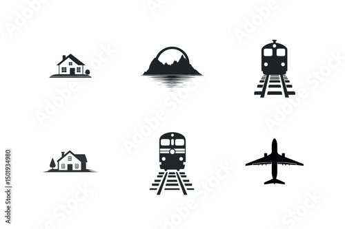 Simple icons set travel house train airplane mountain